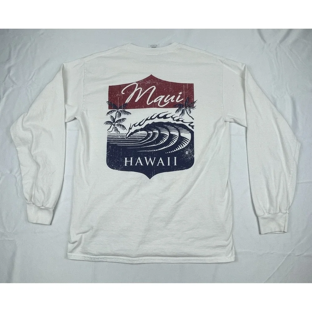 MAUI HAWAII LONG SLEEVE T SHIRT MENS MEDIUM WHITE GRAPHIC COTTON TEE